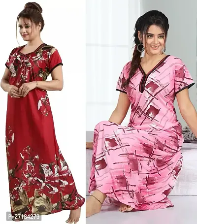 Stylish Multicoloured Satin Nighty For Women Pack Of 2