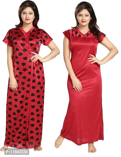 Elegant Red Satin Printed Nighty Set For Women-thumb0