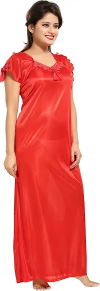 Elegant Red Satin Solid Nighty For Women-thumb1