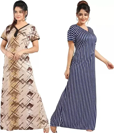 Pack Of 2 Satin Printed Nighty Combo For Women