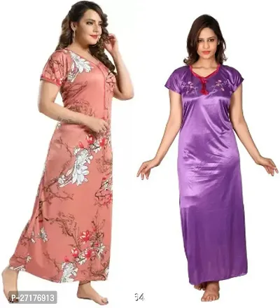 Stylish Multicoloured Satin Nighty For Women Pack Of 2