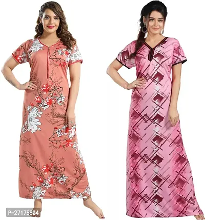 Stylish Multicoloured Satin Nighty For Women Pack Of 2