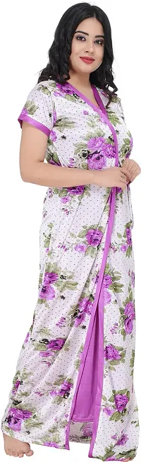 Elegant Purple Satin Printed Nighty Set For Women-thumb1