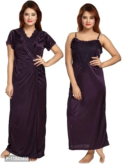 Elegant Purple Satin Solid Nighty With Robe For Women Pack Of 2