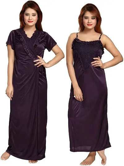 Stylish 2-IN-1 Satin Solid Night Gown With Robe