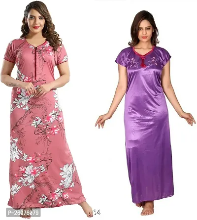 Stylish Multicoloured Satin Nighty For Women Pack Of 2-thumb0