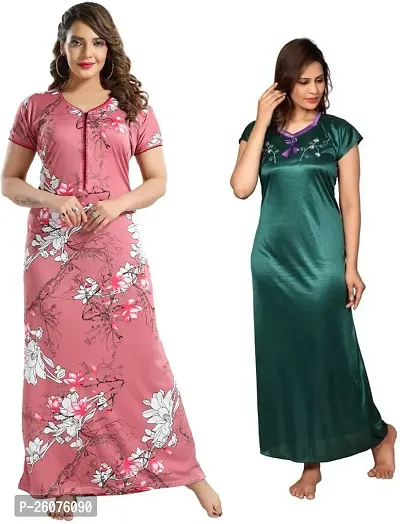 Stylish Multicoloured Satin Nighty For Women Pack Of 2-thumb0