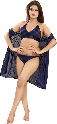 Elegant Navy Blue Satin Solid Nighty Set For Women-thumb1