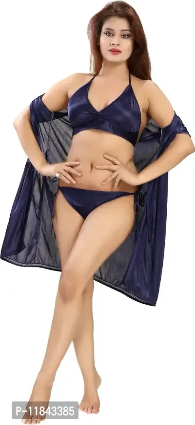 Elegant Navy Blue Satin Solid Nighty Set For Women-thumb2