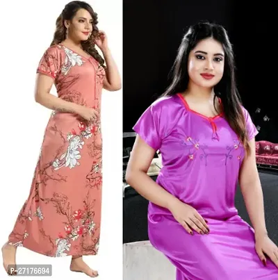 Stylish Multicoloured Satin Nighty For Women Pack Of 2