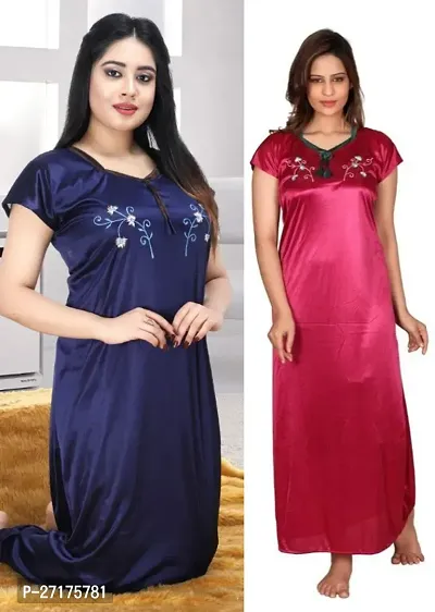 Stylish Multicoloured Satin Nighty For Women Pack Of 2