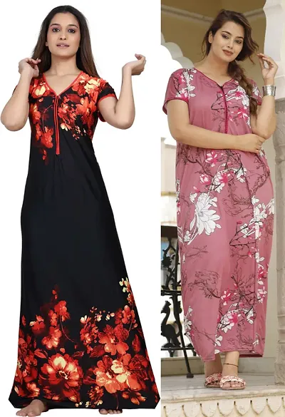 Pack Of 2 Satin Floral Print Nighty Combo For Women