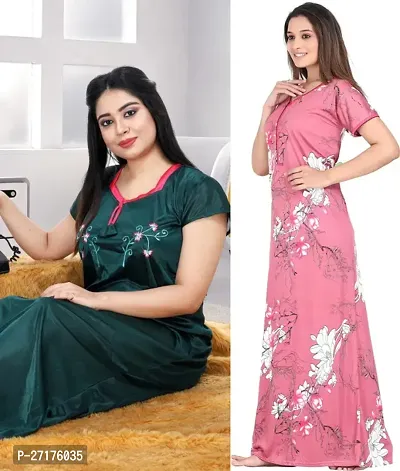 Stylish Multicoloured Satin Nighty For Women Pack Of 2