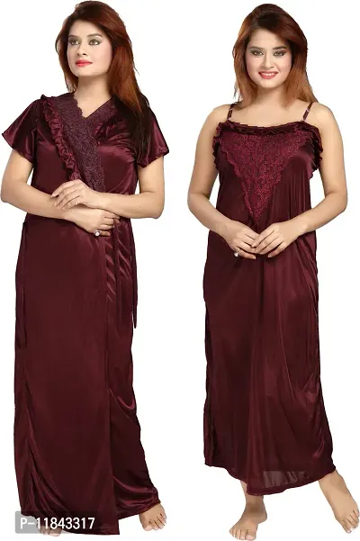 Elegant Maroon Satin Embroidered Nighty Set For Women Pack Of 2-thumb0