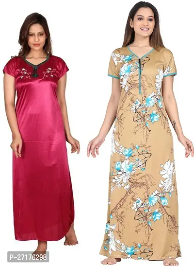 Stylish Multicoloured Satin Nighty For Women Pack Of 2