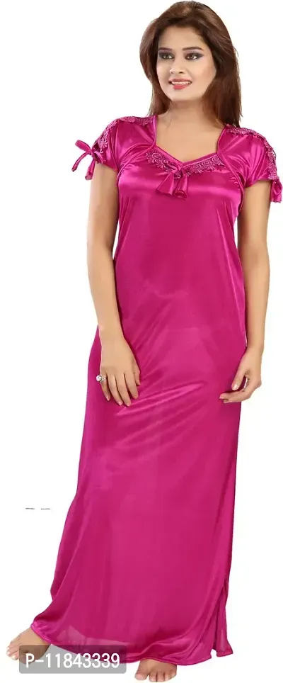 Elegant Pink Satin Solid Nighty For Women