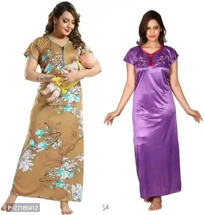 Stylish Multicoloured Satin Nighty For Women Pack Of 2