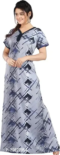 Elegant Grey Satin Printed Nighty For Women