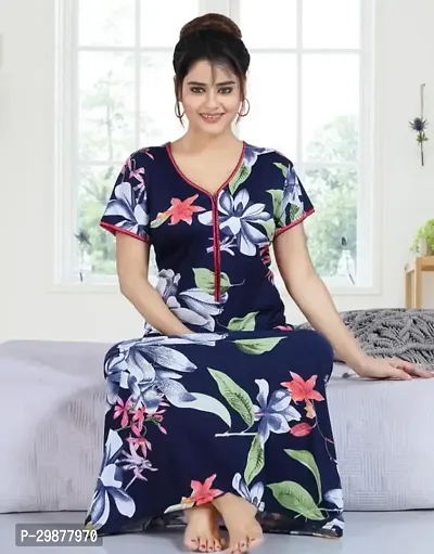 Elegant Navy Blue Satin Printed Nighty For Women