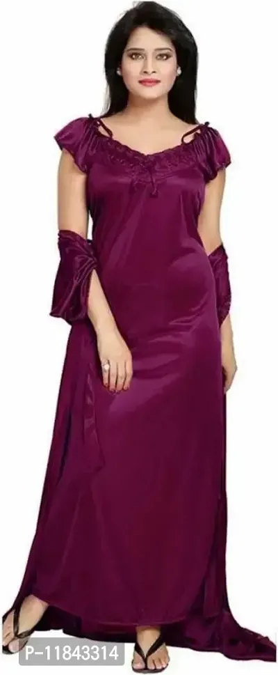 Elegant Purple Satin Solid Nighty Set For Women-thumb3