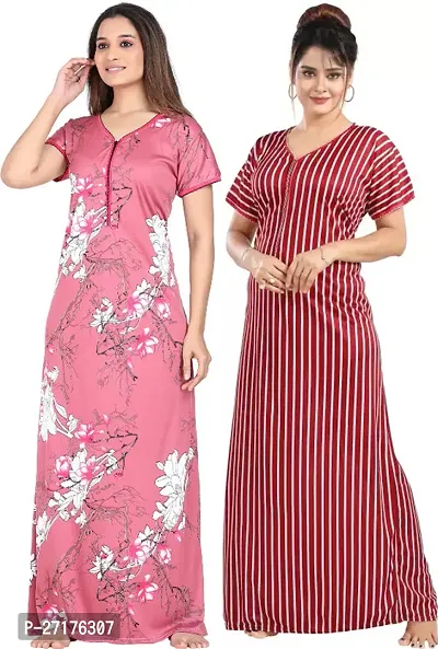 Stylish Multicoloured Satin Nighty For Women Pack Of 2-thumb0