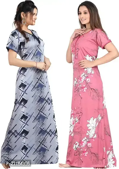 Stylish Multicoloured Satin Nighty For Women Pack Of 2-thumb0