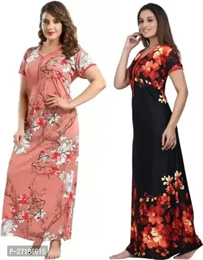 Stylish Multicoloured Satin Nighty For Women Pack Of 2