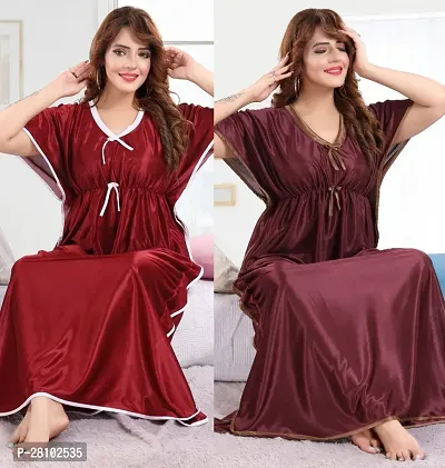 Elegant Silk Blend Solid Night Gown For Women- Pack Of 2