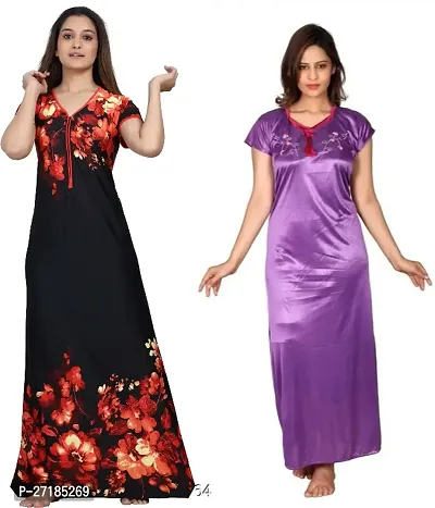 Stylish Multicoloured Satin Nighty For Women Pack Of 2