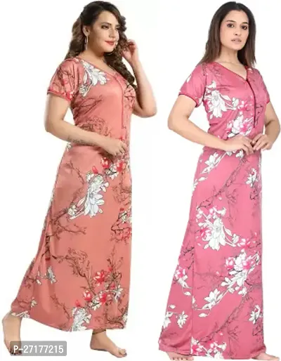 Stylish Multicoloured Satin Nighty For Women Pack Of 2-thumb0