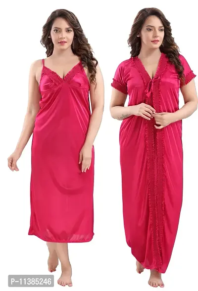 Classy Satin Solid Nighty with Robe For Women-thumb0