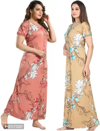 Stylish Multicoloured Satin Nighty For Women Pack Of 2