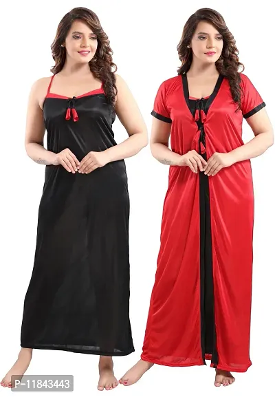 Elegant Red Satin Solid Nighty Set For Women-thumb0