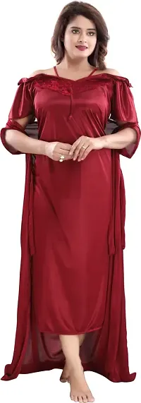 Classy Satin Solid Nighty with Robe For Women-thumb4