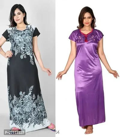 Stylish Multicoloured Satin Nighty For Women Pack Of 2