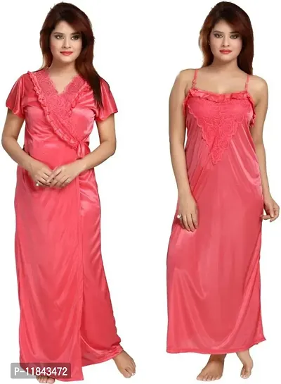 Elegant Pink Satin Solid Nighty Set For Women-thumb0