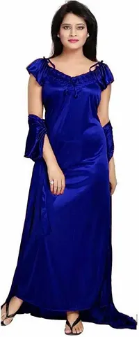 Elegant Blue Satin Solid Nighty Set For Women-thumb1