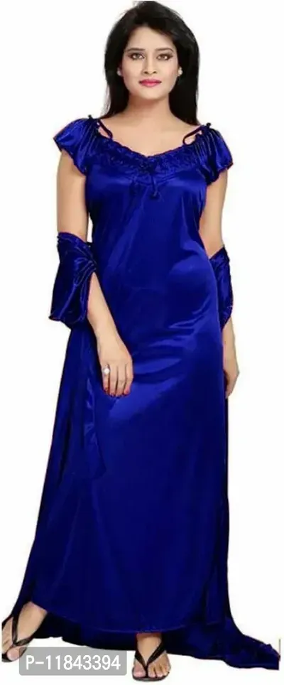 Elegant Blue Satin Solid Nighty Set For Women-thumb2