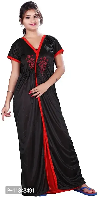 Elegant Multicoloured Satin Solid Nighty Set For Women-thumb2