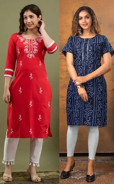 Stylish Cotton Blend Straight Embroidered Kurtis - Pack Of 2