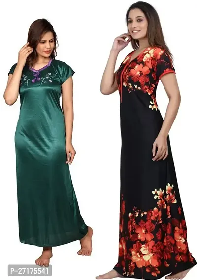 Stylish Multicoloured Satin Nighty For Women Pack Of 2