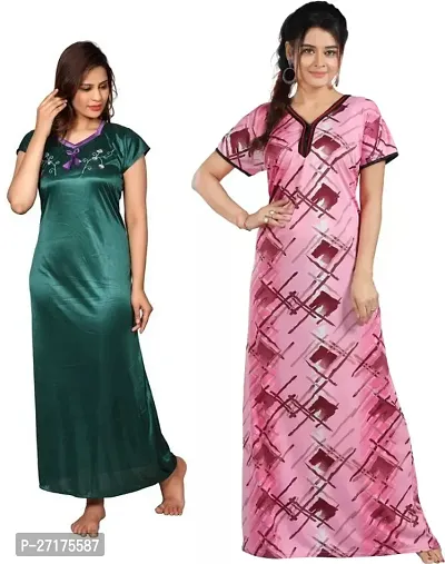 Stylish Multicoloured Satin Nighty For Women Pack Of 2