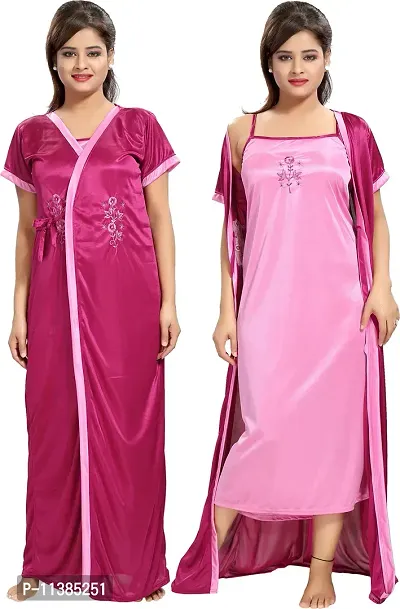 Classy Satin Embroidered Nighty with Robe For Women