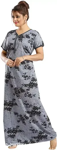 Elegant Grey Satin Printed Nighty For Women-thumb0