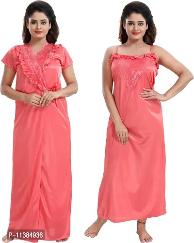 Stylish Peach Satin Solid Nightwear For Women Pack Of 2