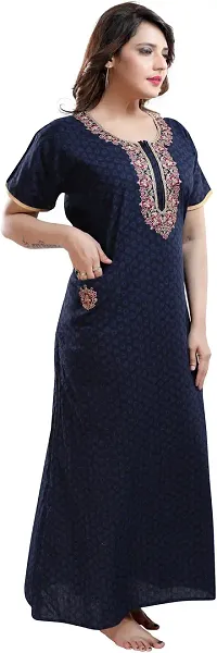 Elegant Blue Cotton Embroidered Nighty For Women-thumb1