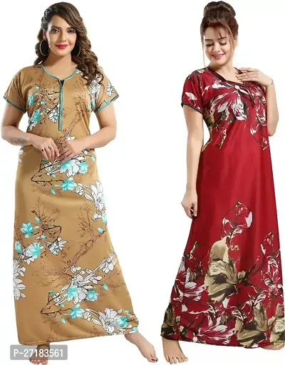 Stylish Multicoloured Satin Nighty For Women Pack Of 2