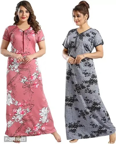 Stylish Multicoloured Satin Nighty For Women Pack Of 2