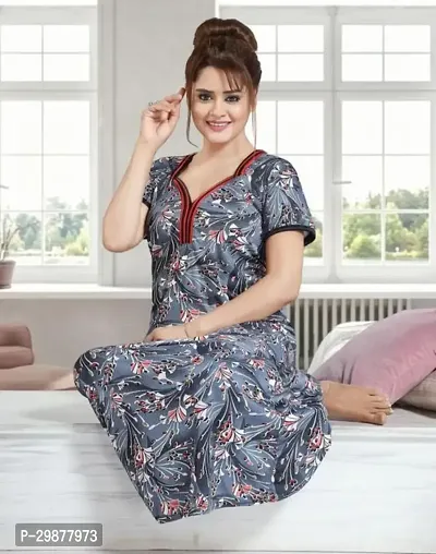 Elegant Grey Satin Printed Nighty For Women