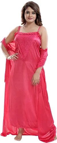 Elegant Pink Satin Embroidered Nighty Set For Women, Combo-thumb1